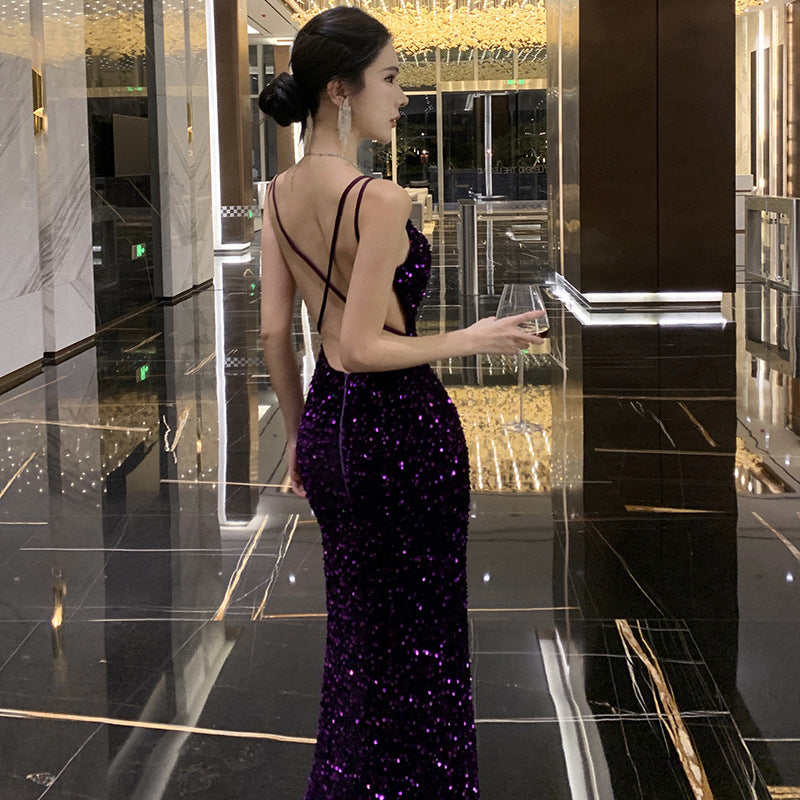 2024 New Small Dress High-Grade Temperament Socialite Heavy Embroidery Sequins Purple Bare Back Sling Dress