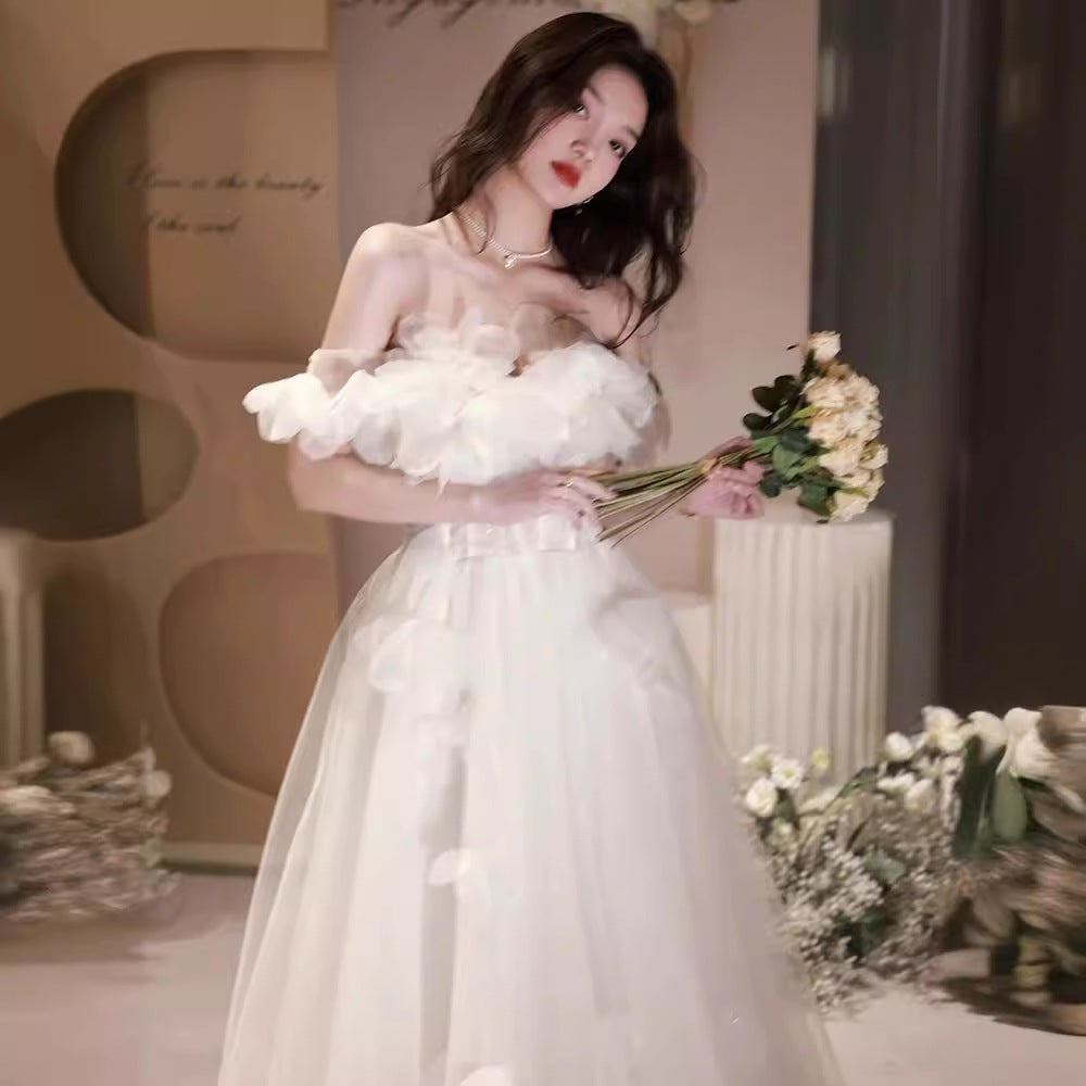 White Evening Dress Women's French Style High Sense Birthday Adult Wedding Dress Princess on the Run High-End Affordable Luxury Niche Host