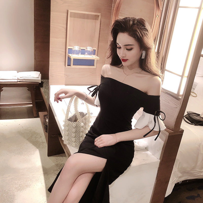 Women's off-Shoulder Black Banquet Evening Dress 2024 New Long Slim Fit Slimming Dress