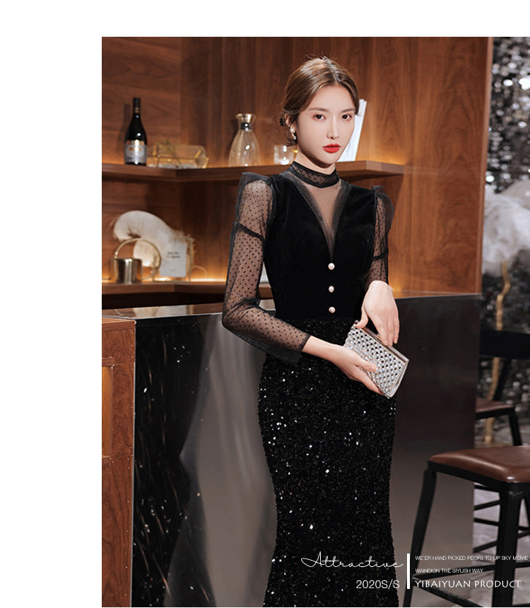 Black Velvet Evening Dress 2024 New Temperament Banquet Fishtail Vocal Dress Art Exam Long Sleeve Host Clothing