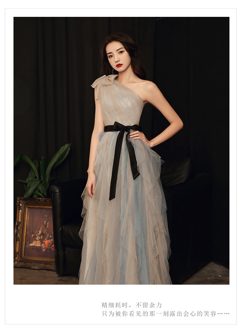 Annual Party Evening Dress Women's 2024 Belt Oblique Shoulder Design Socialite Host Dress Temperament Piano Performance Dress