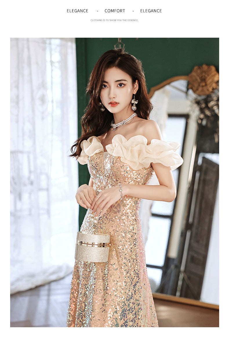 off-Shoulder Sequined Evening Dress for Women 2024 New Host Annual Meeting Bel Canto Solo Vocal Music Art Test Champagne Gold