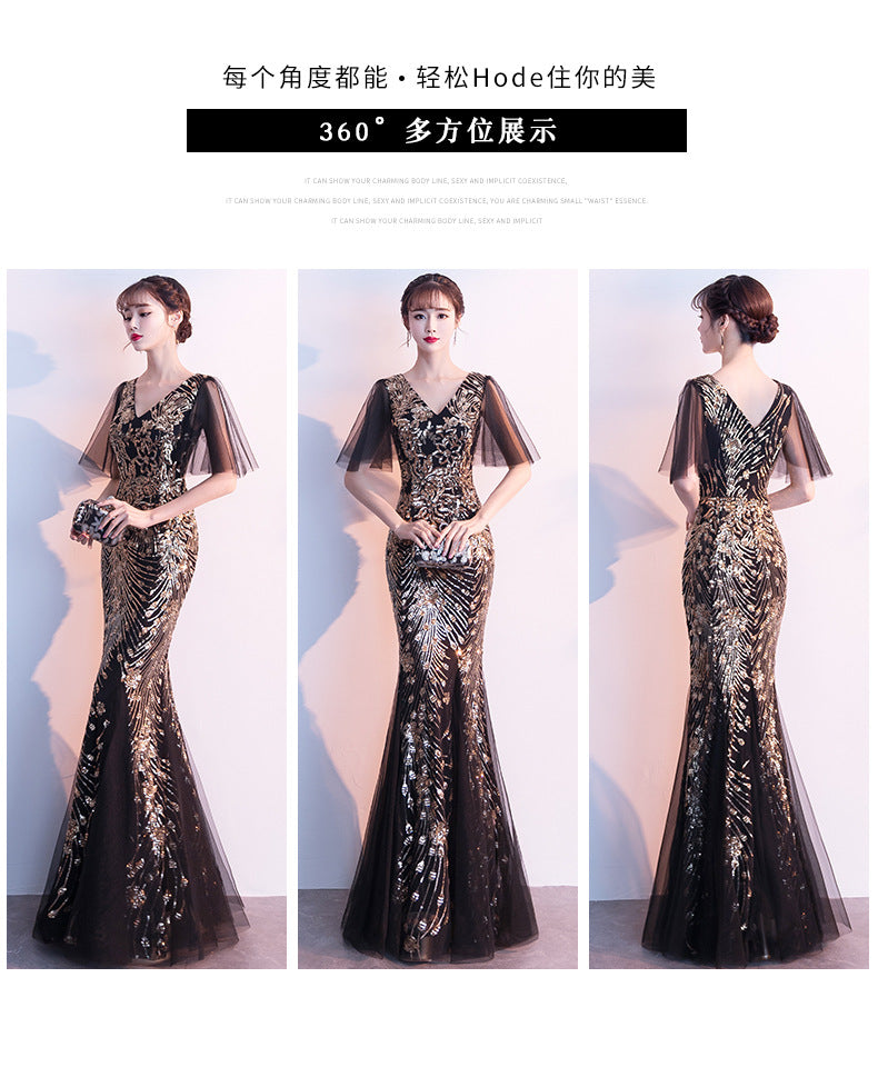 Evening Dress for Women 2024 New Banquet Socialite Gathering Long Style with Medium Sleeves V-neck Black Paillette Host Fishtail