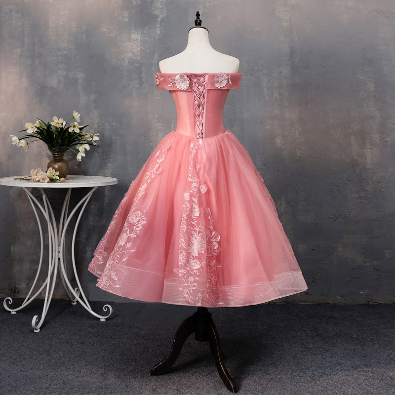 Evening Dress Short Pettiskirt Spring Pink Wedding Bridesmaid Dress off-Shoulder Short Sleeve Slimming Host Dress for Women