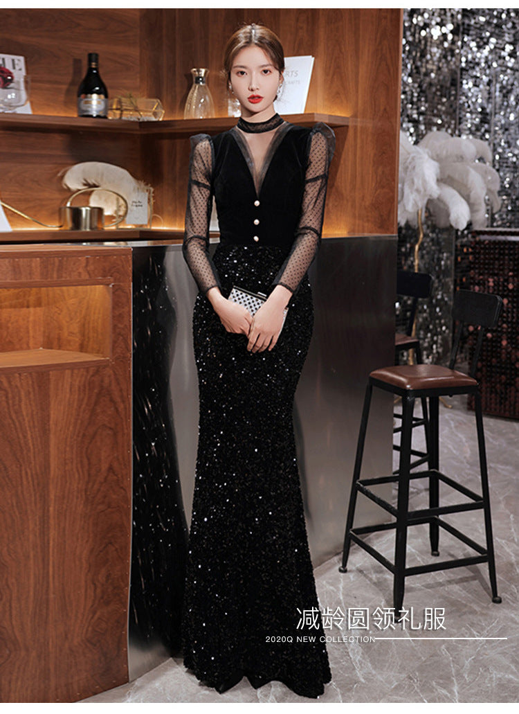 Black Velvet Evening Dress 2024 New Temperament Banquet Fishtail Vocal Dress Art Exam Long Sleeve Host Clothing