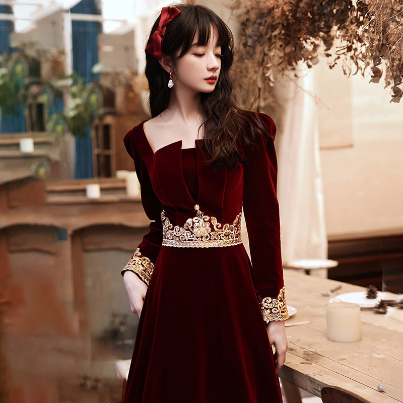 Wedding Toast Dress 2024 New Velvet Wine Red Long Bride Long Evening Dress Autumn Elegant Toast