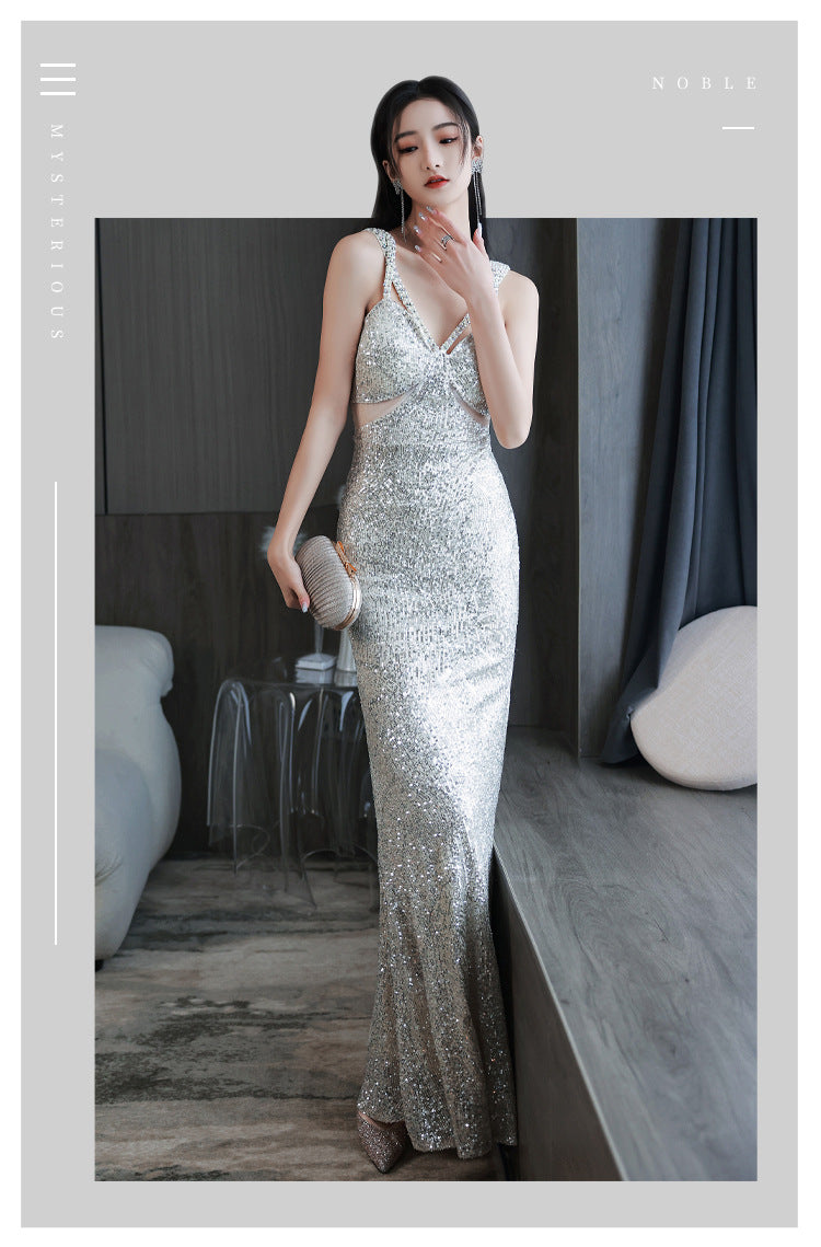 Silver Suspender Evening Dress Bridesmaid Dress Toast Dress V-neck Slimming Dress Banquet Sheath Dress Long Dress