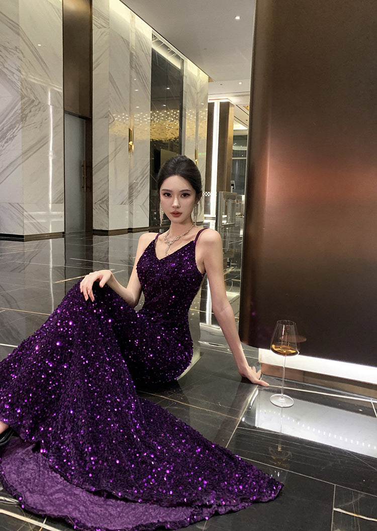 2024 New Small Dress High-Grade Temperament Socialite Heavy Embroidery Sequins Purple Bare Back Sling Dress