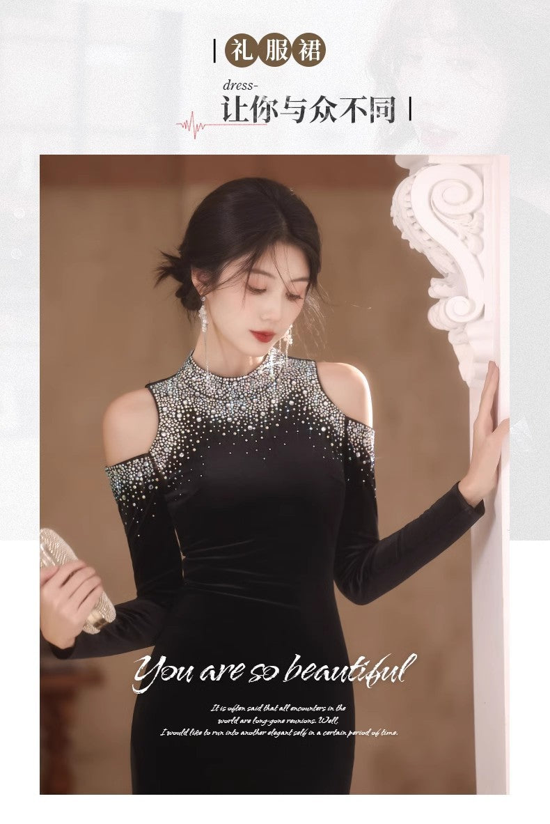 Factory in Stock Wholesale New Elegant and Beautiful off-Shoulder Long Sleeve Banquet Host Black Mermaid Evening Dress for Women