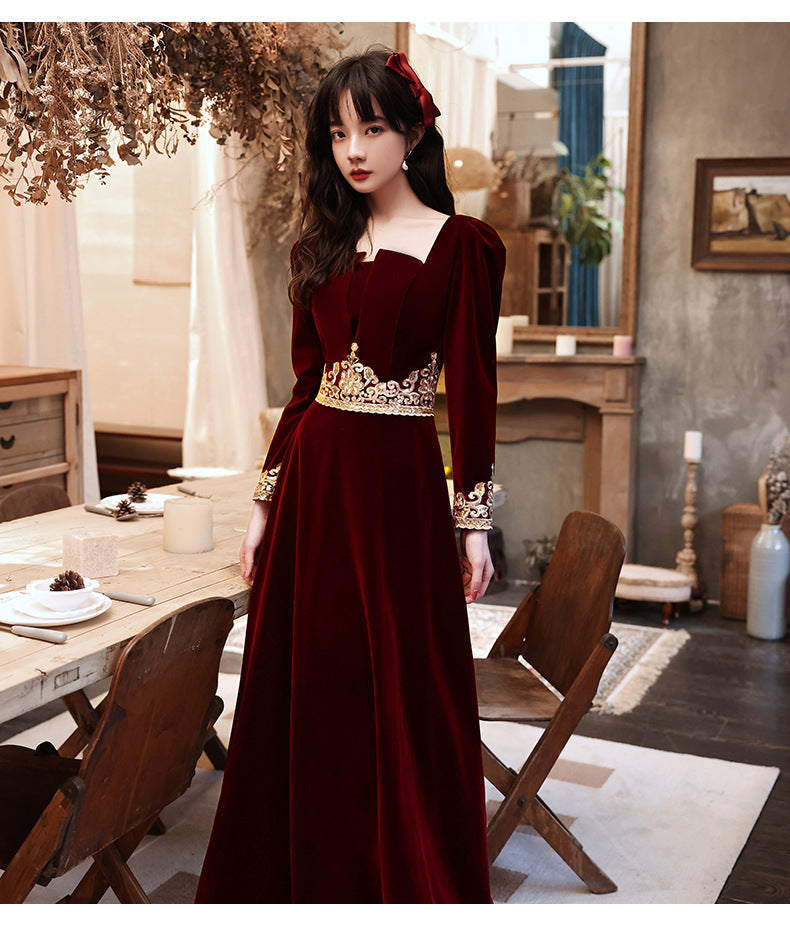 Wedding Toast Dress 2024 New Velvet Wine Red Long Bride Long Evening Dress Autumn Elegant Toast