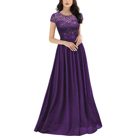 Cross-Border Amazon Fashion Banquet Dress Elegant European and American Bridesmaid Dress Wedding V-neck Short Lace Chiffon Dress