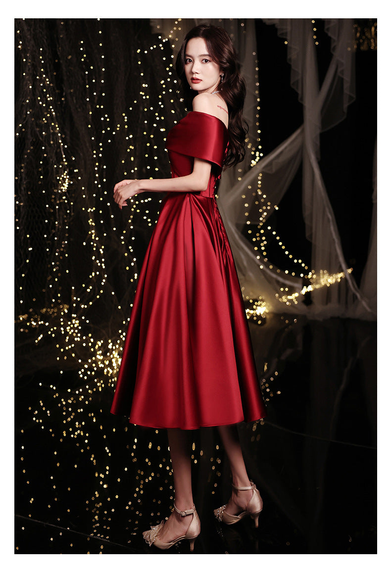 Wine Red Toast Dress Bride 2024 New Appreciation Dinner Engagement Wedding Back-to-Door off-Shoulder Evening Dress for Women Autumn