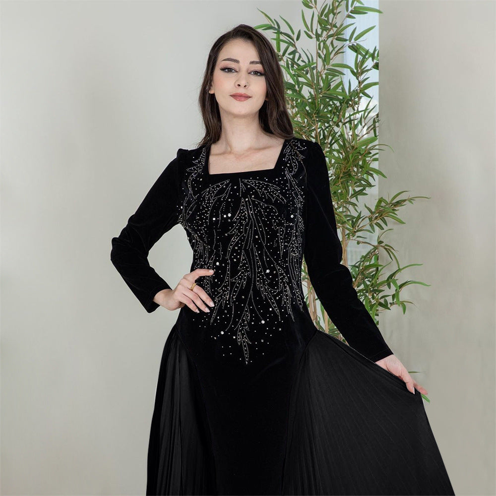 Xqy500222 Dubai Arabic Muslim Korean Velvet Chiffon Stitching Rhinestone Evening Dress Jalabia Women's Dress