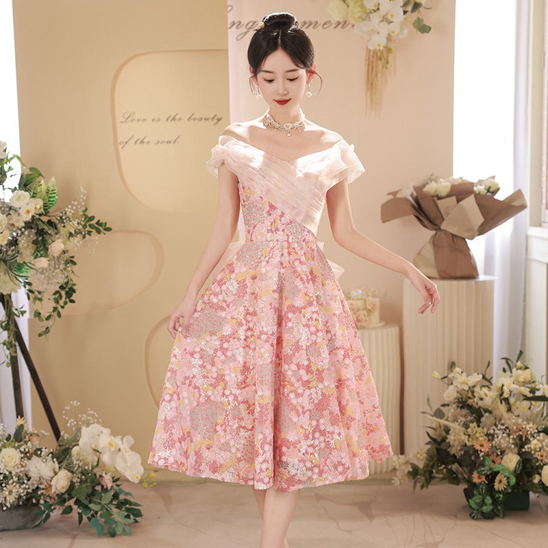 off-Shoulder Slimming Peach Blossom Pink Evening Dress High-End Affordable Luxury Niche Art Exam Solo Dress Engagement License Dress