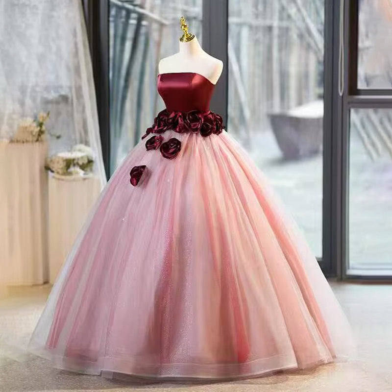 Toast Dress Bride off-Shoulder Engagement Flower Evening Dress Female Long Tulle Dress Summer Fairy Wedding Comfortable Autumn