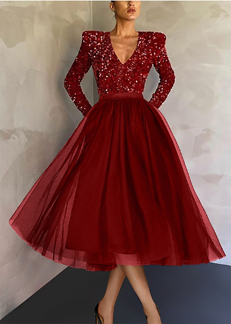 European and American Fashion Women's Wear 2024 Spring and Summer New Sequin Gauze Slim Fit Dress Temperament Elegant V-neck Dress