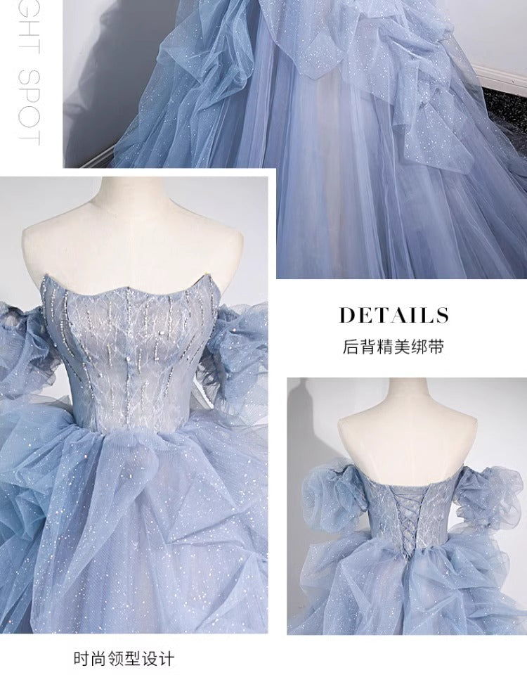 off-Shoulder Evening Dress Haze Blue Piano Performance Adult Ceremony Wedding Dress Bel Canto Solo Blue Gauze Skirt Art Test H2839