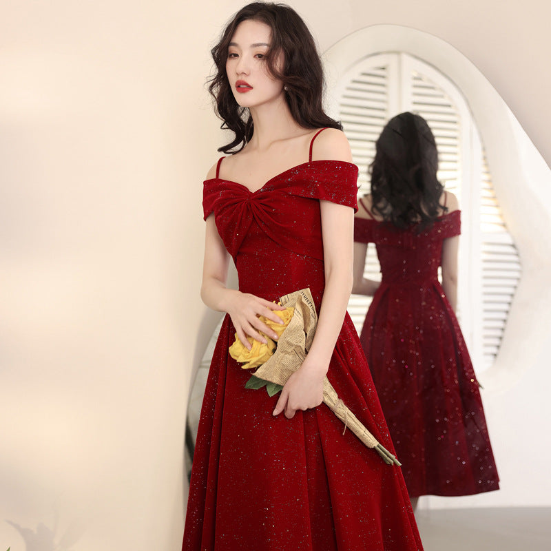 Elegant Dress Women's off Shoulder Spaghetti Straps Mid-Length Bow Evening Dress Red Satin H82092