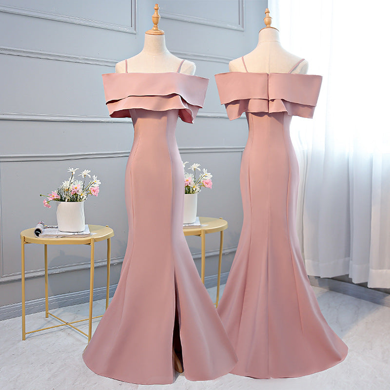 Ladybros' Dress 2023 Summer Autumn New Style off-Shoulder Annual Meeting Pink Figure Flattering Fishtail Dress for the Besties Bridesmaid Dress for Women