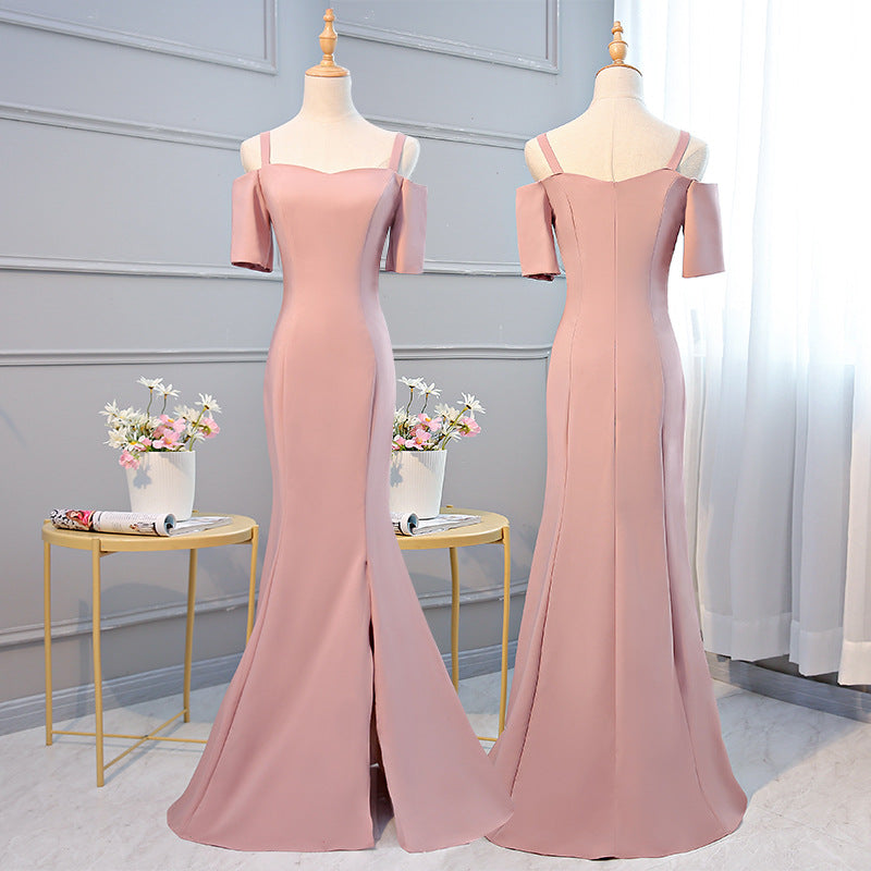 Ladybros' Dress 2023 Summer Autumn New Style off-Shoulder Annual Meeting Pink Figure Flattering Fishtail Dress for the Besties Bridesmaid Dress for Women