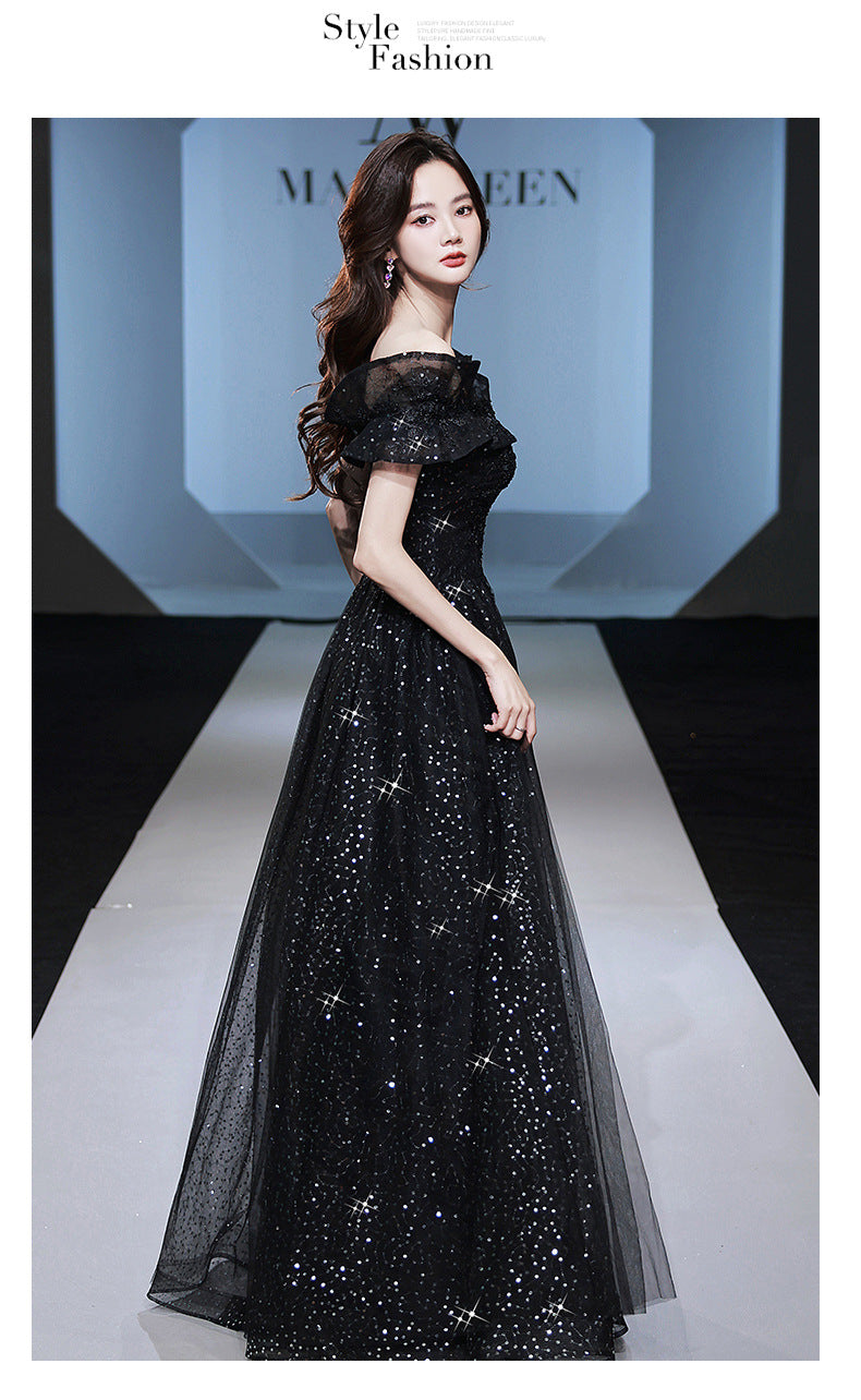 Banquet Small Evening Dress Dress Women's Sexy Charming Black Wedding Dress Birthday off-Shoulder Host Adult Ceremony