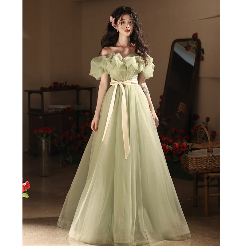 off-Shoulder Evening Dress High-End Affordable Luxury Niche Atmosphere Host Annual Party Dress Student Art Exam Performance Green