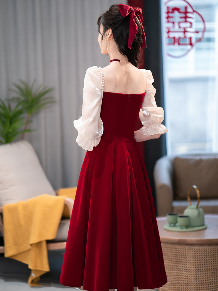 2024 Wine Red High Sense Dinner Suit Summer Dress Toast Dress Bride Daily Style Engagement Dress