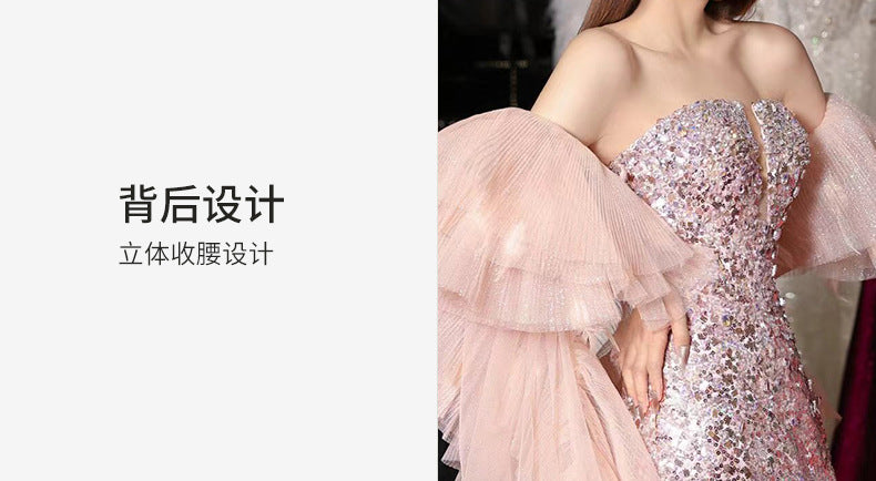 Women's Tube Top Evening Dress Light Luxury Minority Pink Sequin Host's Dress Toast Dress Bride Engagement Formal Dress Morning Gowns