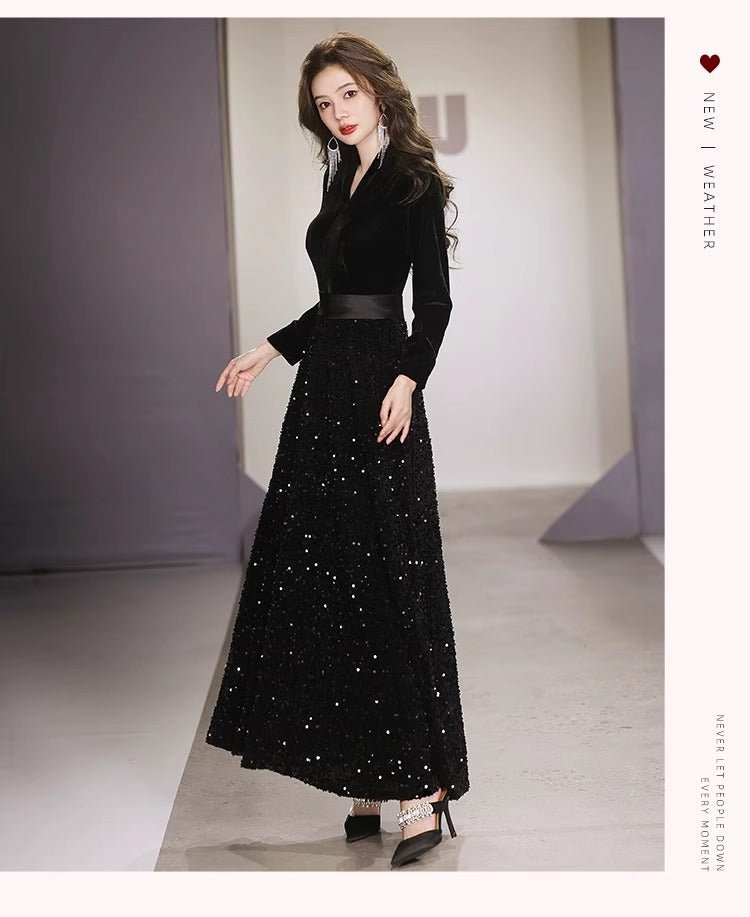 Black Evening Dress for Women 2024 New Temperament Banquet French Art Exam Host Choral Performance Dress Autumn