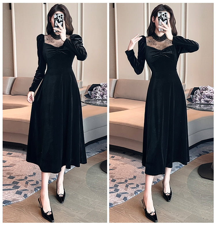 2023 Autumn and Winter Annual Party Party Dress Skirt ~ French Style Hepburn Elegant Half Turtleneck Lace Stitching Velvet Dress