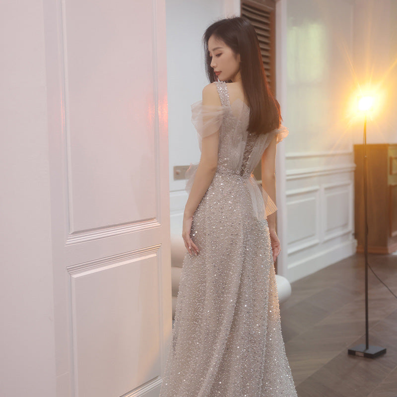 Evening Dress 2024 Autumn and Winter New Banquet Temperament Heavy Industry Light Wedding Dress Engagement Dress Toast Dress Host