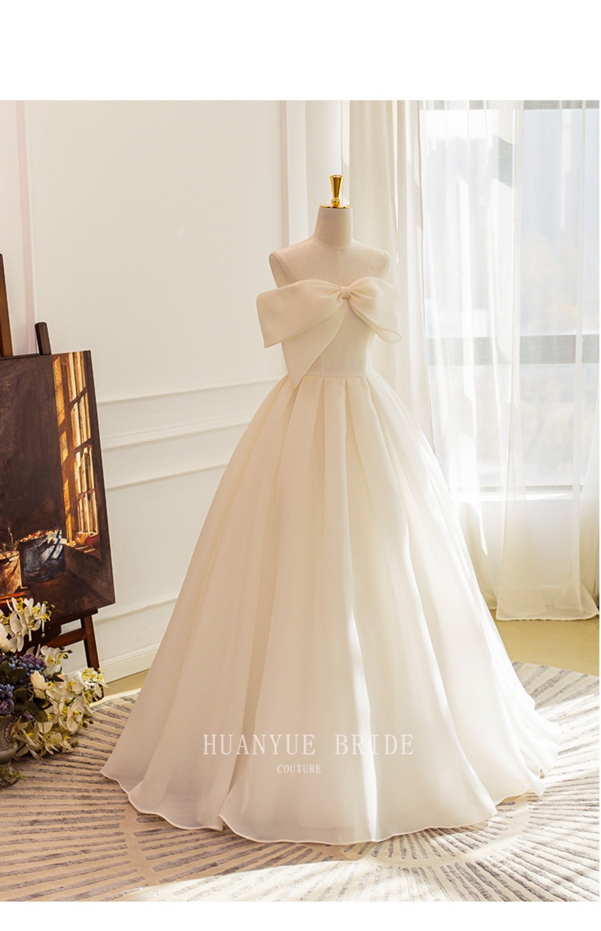 Satin Light Wedding Dress Simple Sweet Bow off-Shoulder Art Exam Slimming Floor-Length Host Banquet Evening Dress for Women