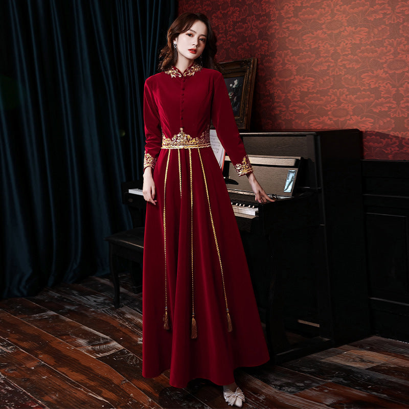 Toast Dress Bride 2024 New Autumn Velvet Chinese Style Wedding Evening Dress Engagement Back-to-Door Banquet Toast