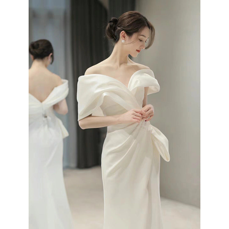 off-Shoulder White French Suit 2024 New Winter Light Luxury Minority High-End Engagement Fishtail High-End Evening Dress