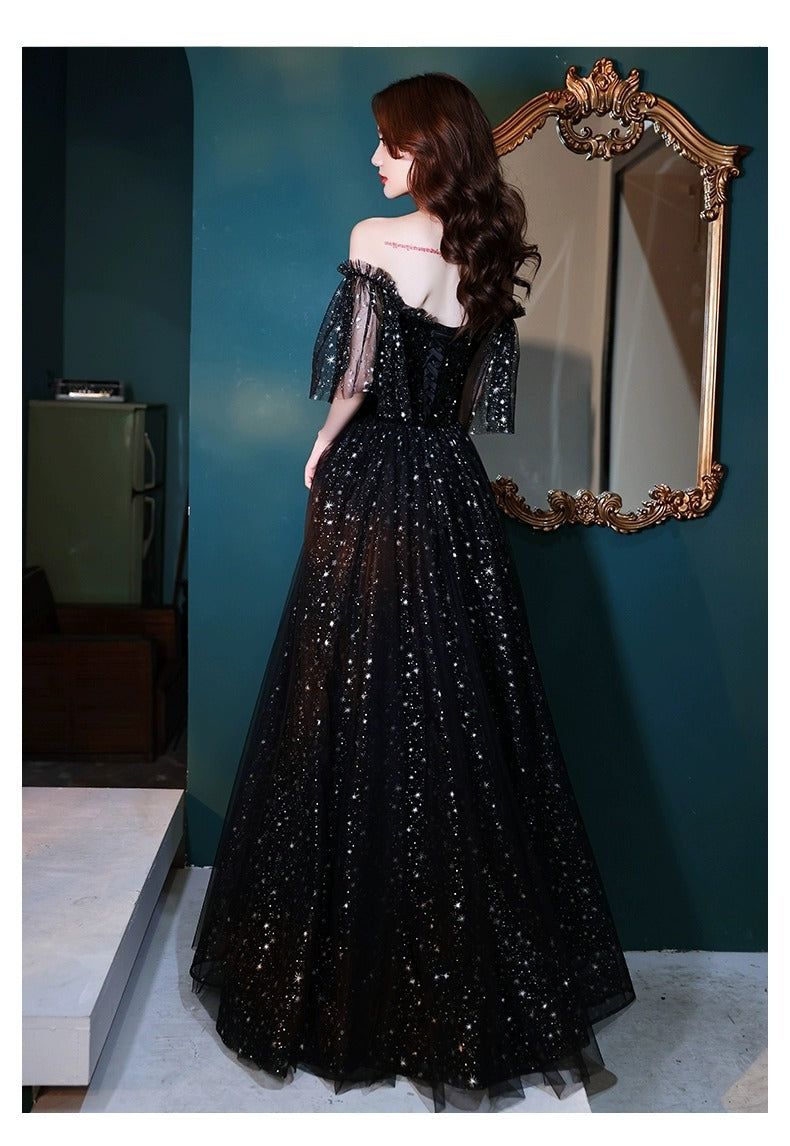 Black Evening Dress Women's High Sense Host Banquet 2024 New Autumn High-End Temperament Light Luxury Minority