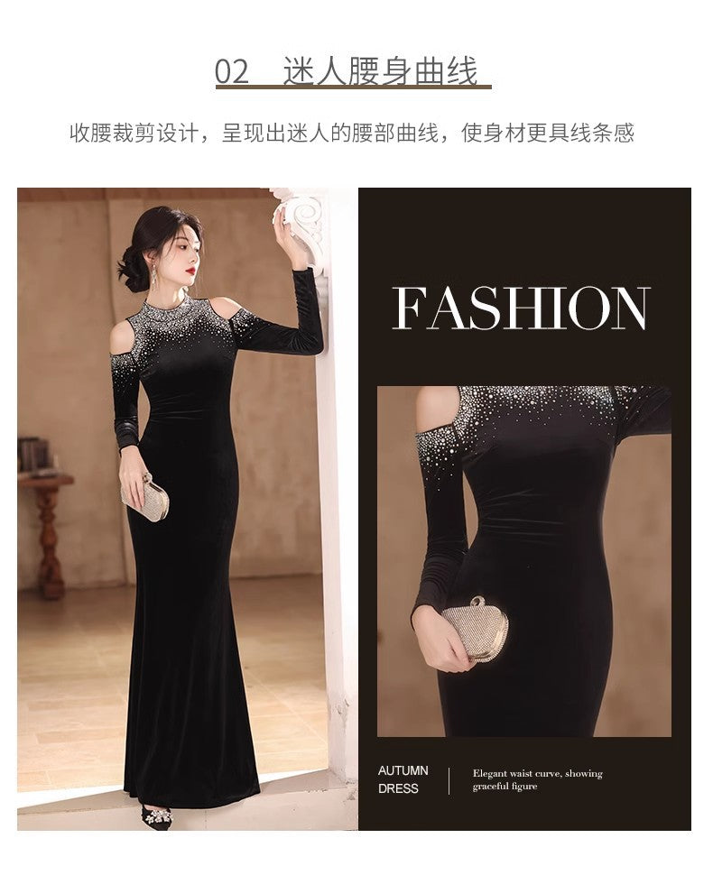 Factory in Stock Wholesale New Elegant and Beautiful off-Shoulder Long Sleeve Banquet Host Black Mermaid Evening Dress for Women