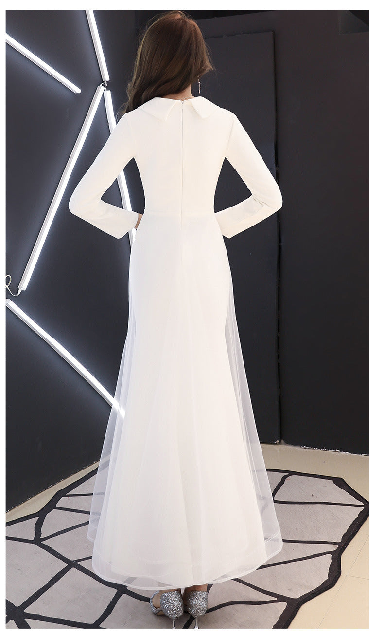 White Evening Dress Women's Long-Sleeved Annual Meeting Host Fishtail Dinner Dress 2024 New Socialite Long Temperament Slimming