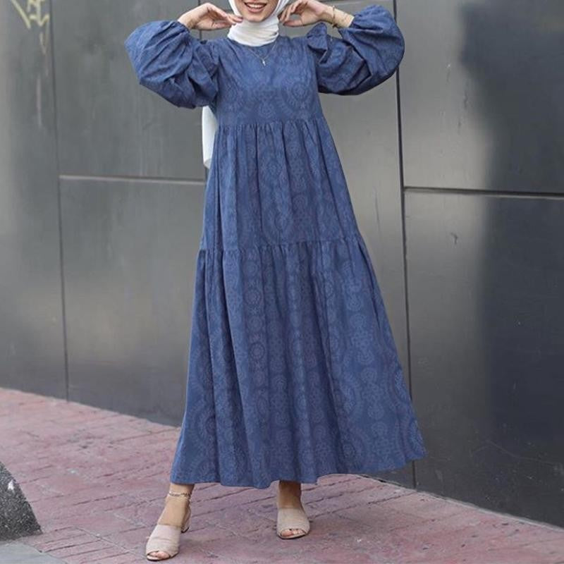 New Muslim Print Pattern round Neck Pullover Loose Casual Dress