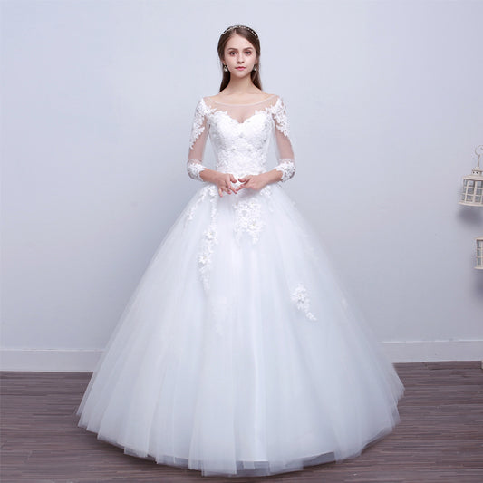 Cross-Border Wedding Dress Bride 2024 New Korean off-Shoulder Sleeved Floor-Length Wedding Dress Flower plus Size Slimming