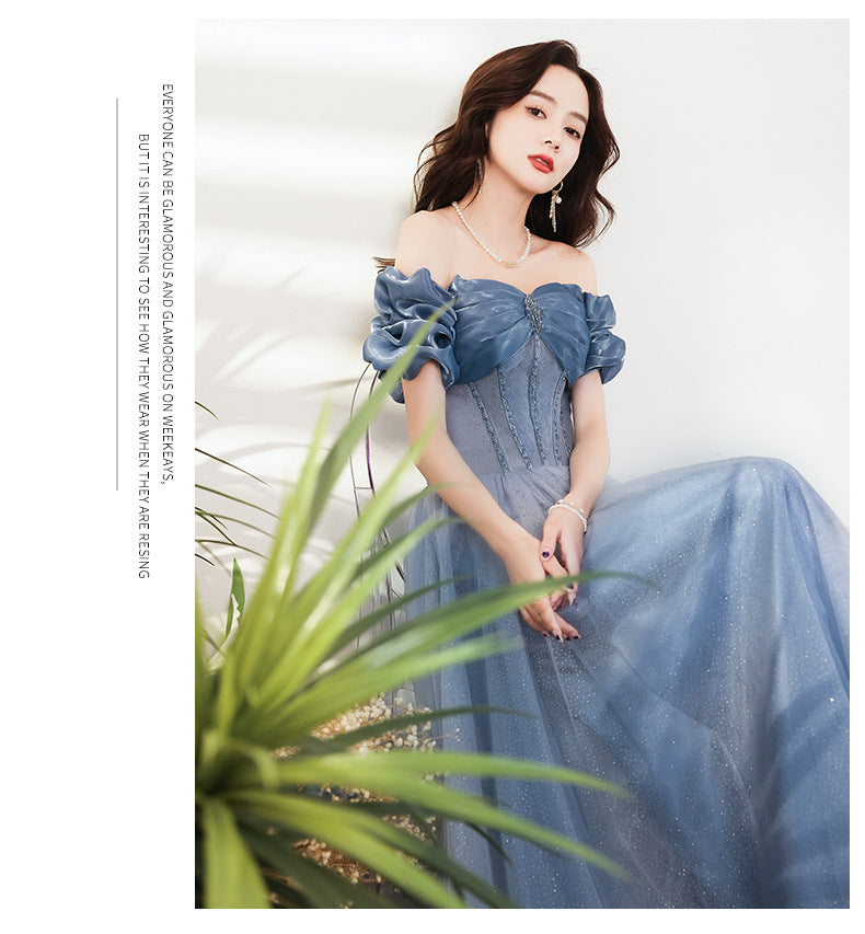 Blue Evening Dress Women's off-Shoulder 2024 New Autumn Banquet Temperament Performance Host Texture Art Exam Dress