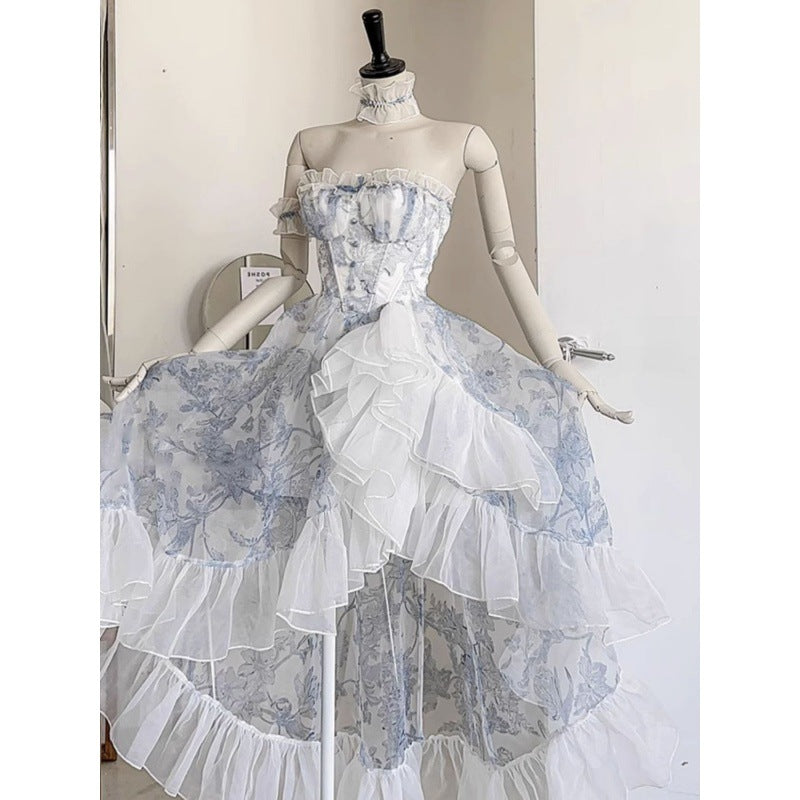 French Blue Floral Strapless Dress Women's Summer Princess Vintage Vintage Lolita Dress