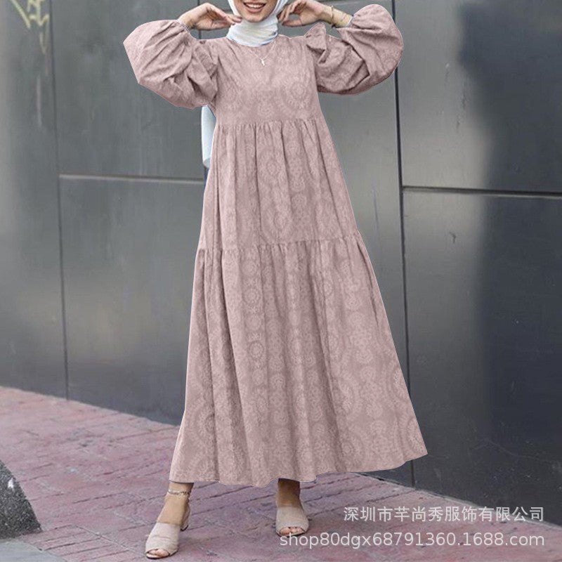 New Muslim Print Pattern round Neck Pullover Loose Casual Dress