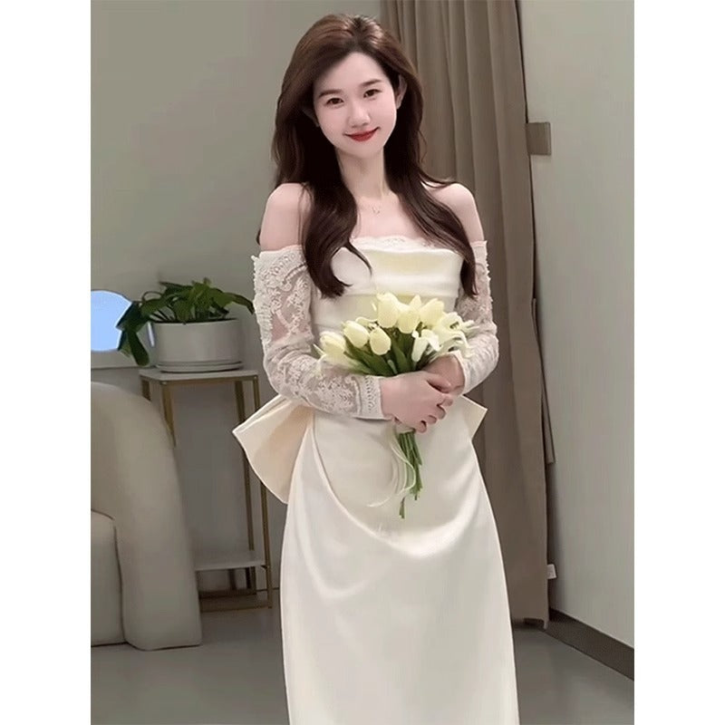 off-Shoulder Light Wedding Dress Bride Super Fairy Wedding Veil High-Grade French Satin White Elegant Fishtail Welcome Dress