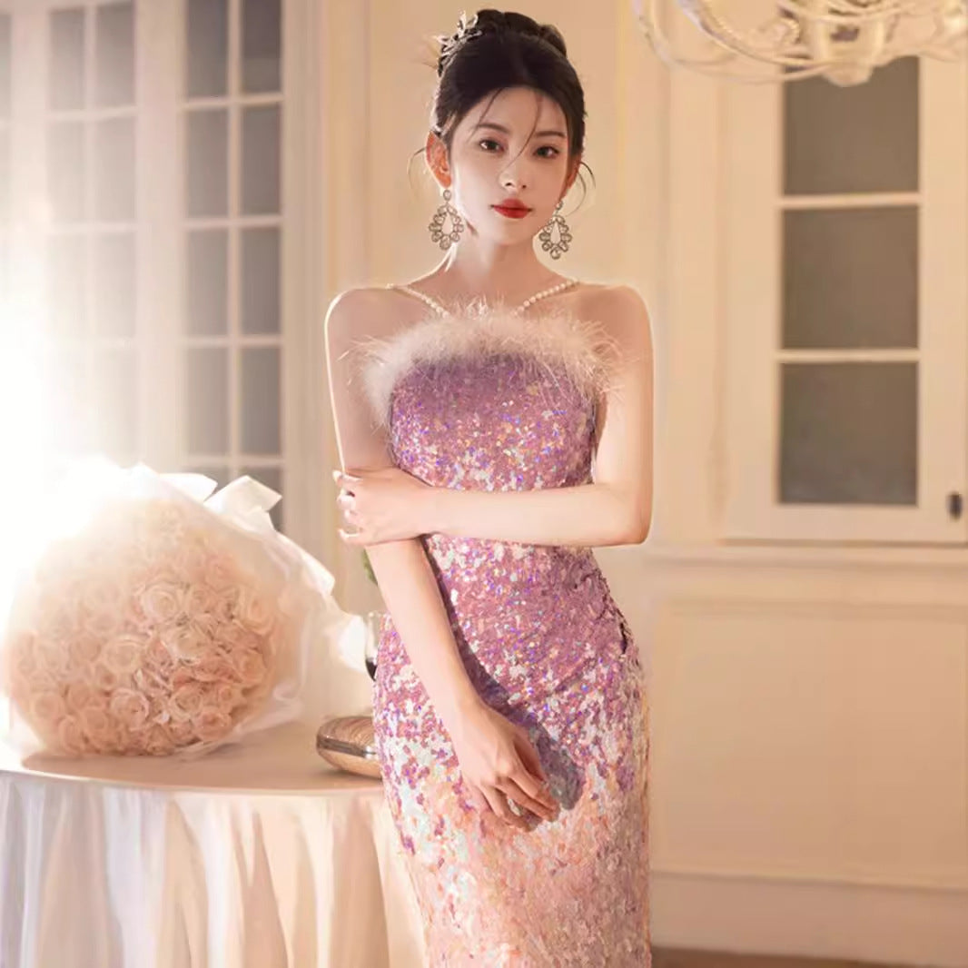 Tube Top Fishtail Dress Evening Dress for Women 2024 New High-End High-End Pink Niche Banquet Temperament Socialite Dress