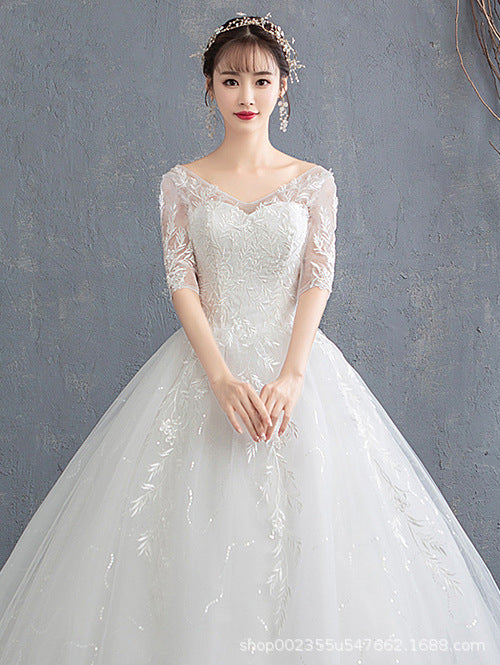 Tiktok Main Wedding Dress 2022 New V-neck Sexy Bridal Wedding Half Sleeve Floor-Length White Simple Lace Slimming Women