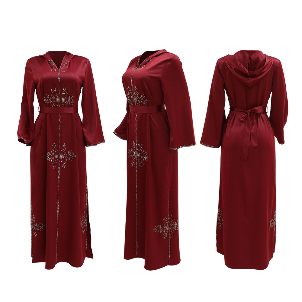 Xqy500157 Middle East Abaya Ethnic Style Dress Hooded Robe Fashion Diamond-Embedded Slits Lower Hem Dress