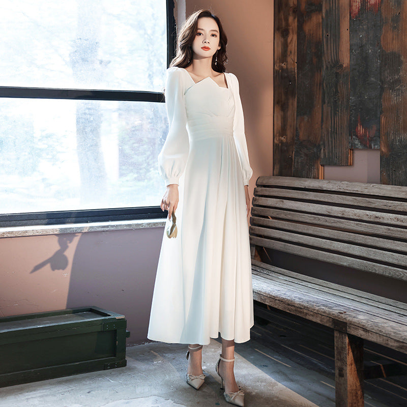 2024 Spring White Dress High-End Wedding Party Simple Graceful Square Collar Dress Spring and Autumn Women