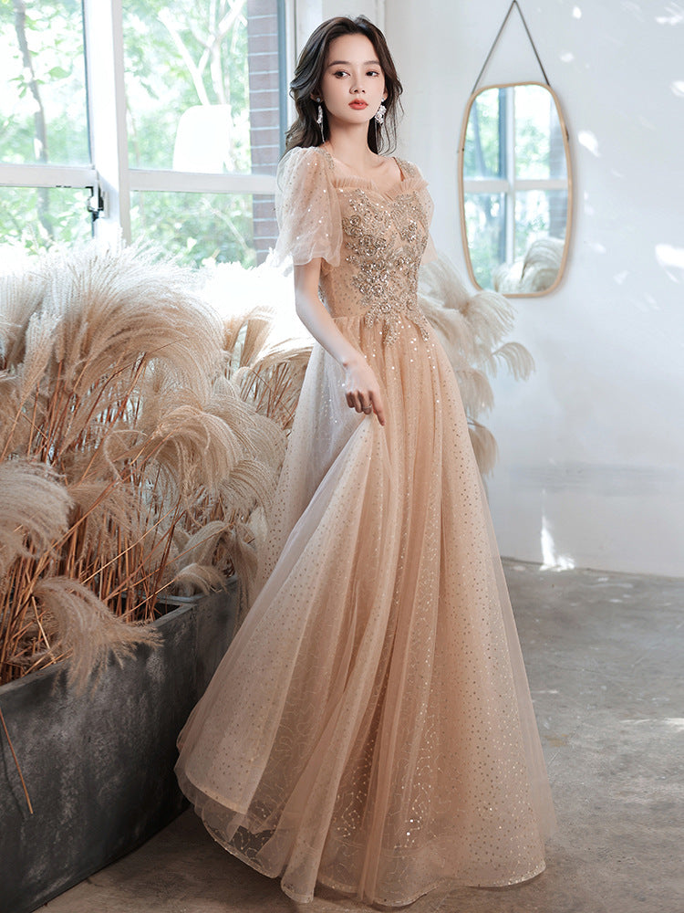 Champagne Evening Dress for Women Banquet Temperament Light Luxury Minority High-End High-Grade Host Summer Art Exam Engagement Dress