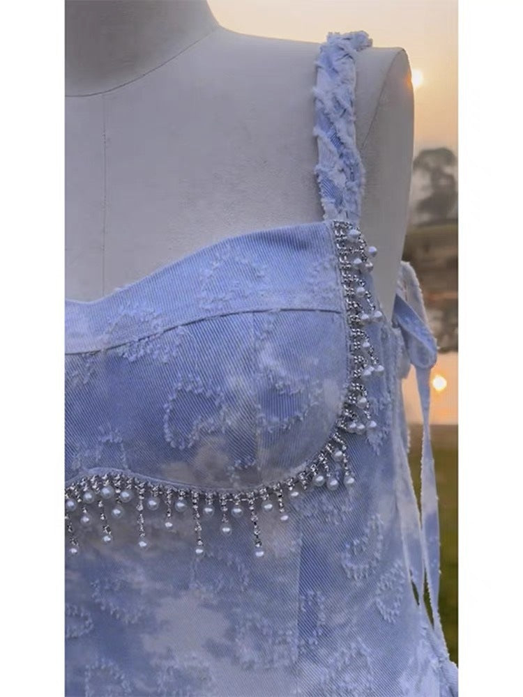 Socialite Waist-Tight Dress Slimming Denim Jacquard Sling Dress Beaded French Retro Tassel Blue Chenille