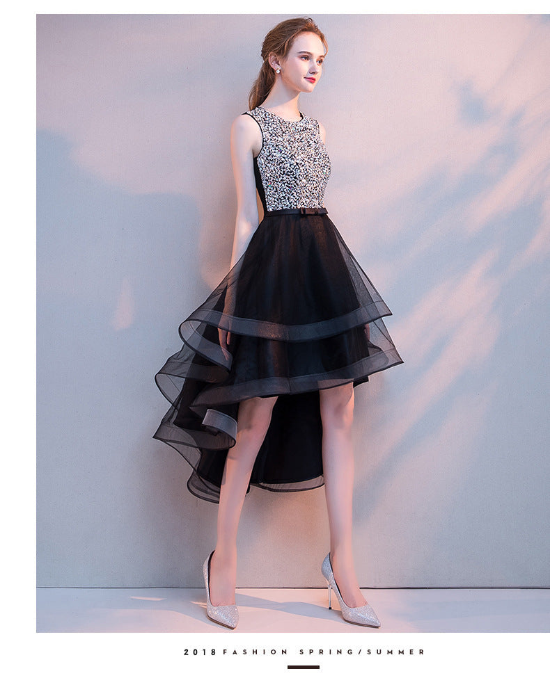 Black Evening Dress Women's New Banquet Noble Performance Front Short Back Long Host round Neck Sequins Small Dress Stage